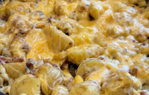 Cheesy Potatoes with Pancetta & Caramelized Onions